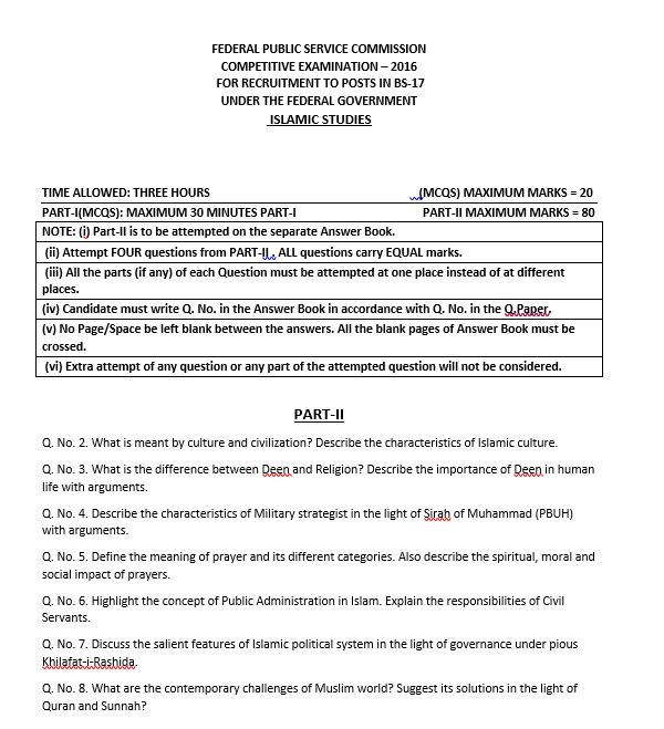 CSS islamiyat Paper 2016